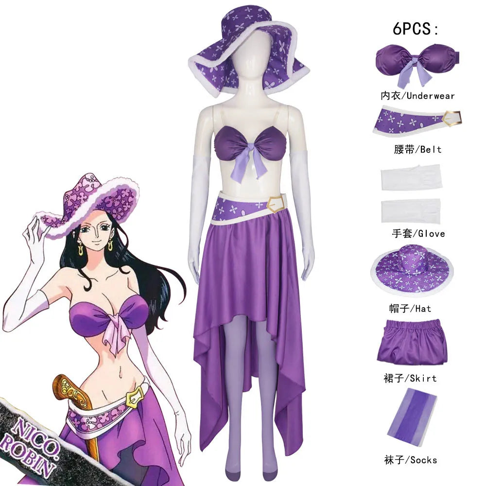 Robin Cosplay 15 Anniversary Purple Nico Robin Dress Cosplay Costume Halloween Christmas Fancy Dress 6PCS With A hat Accessories