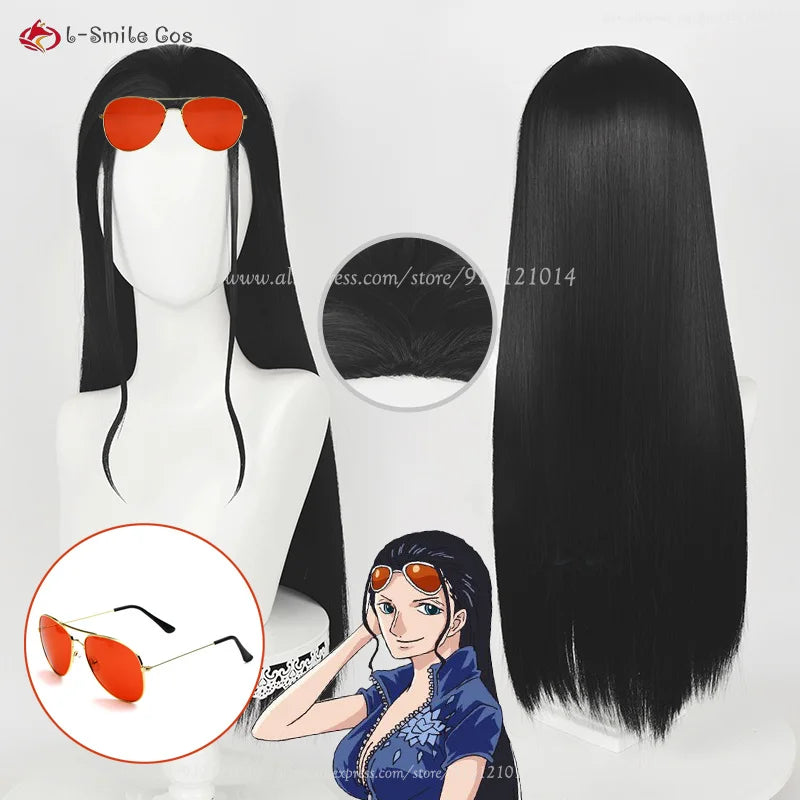 65cm Long Nico Robin Cosplay Black Wig Miss Allsunday Wig Nico Wigs Glasses Heat Resistant Hair Women Party Anime Wigs + Wig Cap