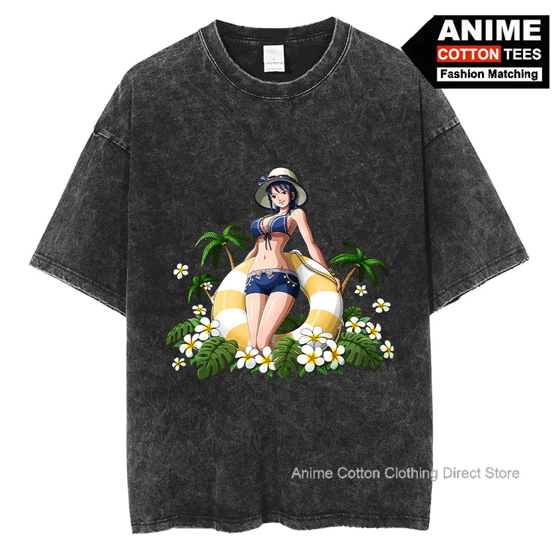 Anime Pirate King Nico Robin T Shirt y2k Harajuku Street Fashion Women's T-shirt Vintage Cotton Oversized Loose Casual Tees