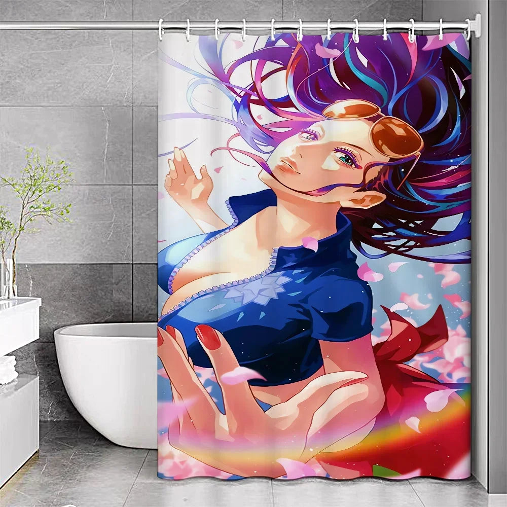 Anime Girl Nico Robin ONE-PIECE Dolphin Shower Curtain Pink Polyester Fabric Boys Cartoon Theme Bathroom Decor Set with 12 Hooks