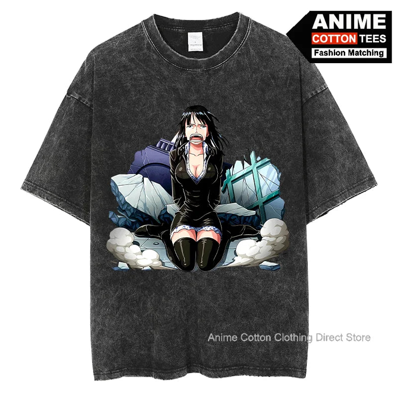 Anime Pirate King Nico Robin T Shirt y2k Harajuku Street Fashion Women's T-shirt Vintage Cotton Oversized Loose Casual Tees