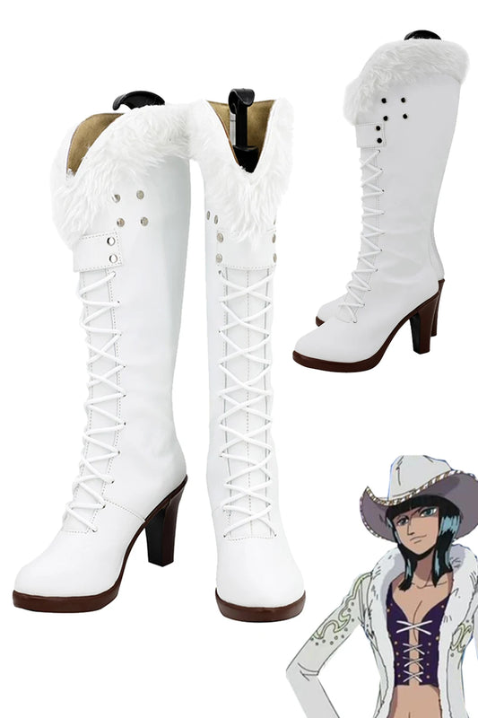 Nico Robin Cosplay Boots – White Leather Long Boots for Halloween & Parties